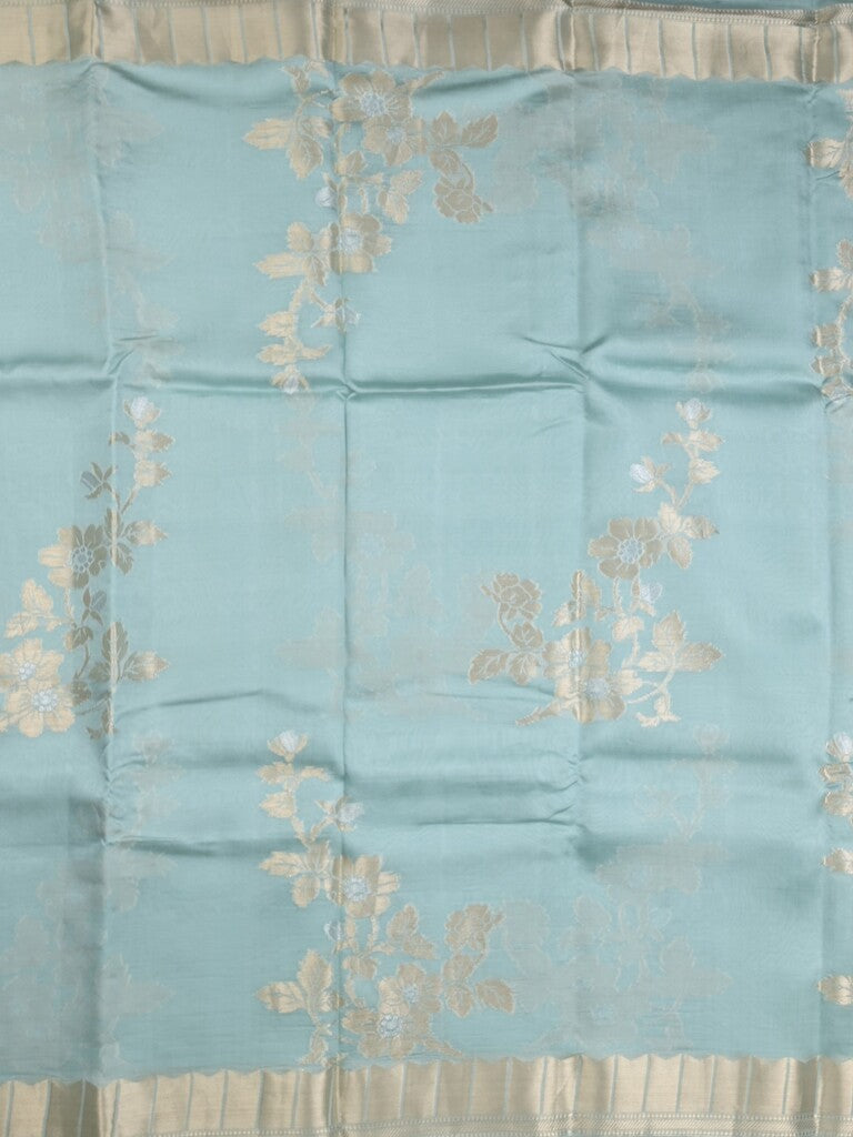 Raw mango fancy saree light blue color allover zari weaves & zari border with brocade pallu and brocade blouse