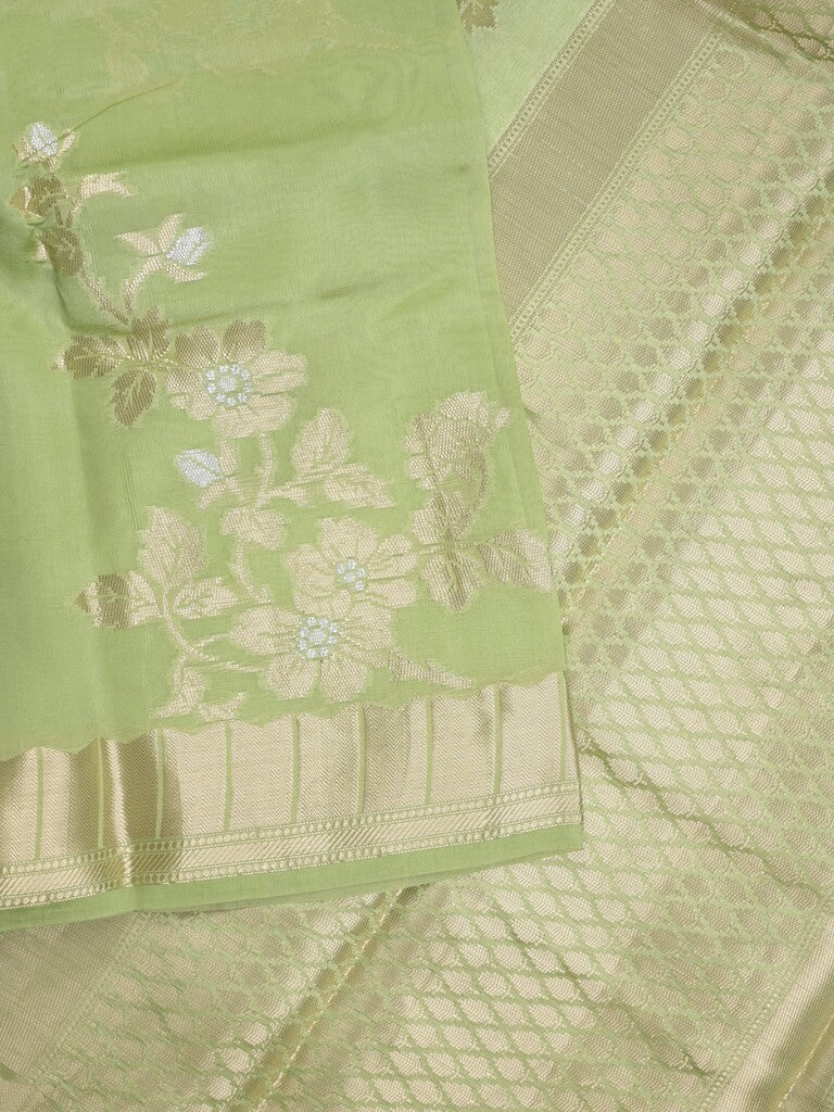 Raw mango fancy saree pista green color allover zari weaves & zari border with brocade pallu and brocade blouse