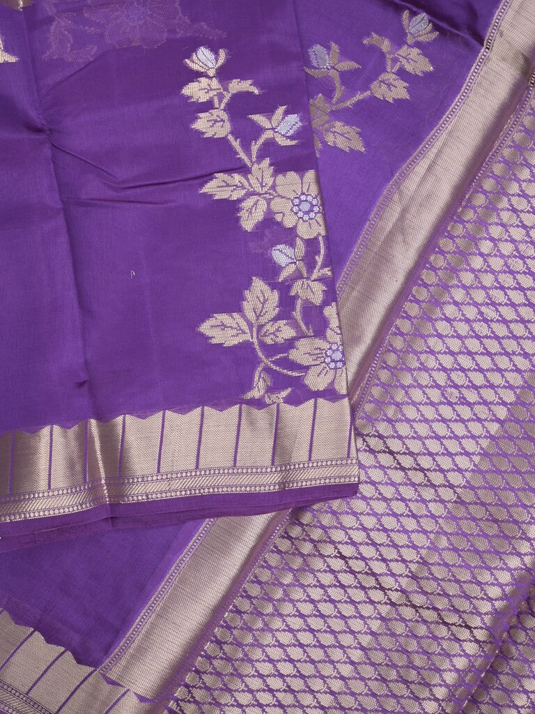 Raw mango fancy saree violet color allover zari weaves & zari border with brocade pallu and brocade blouse