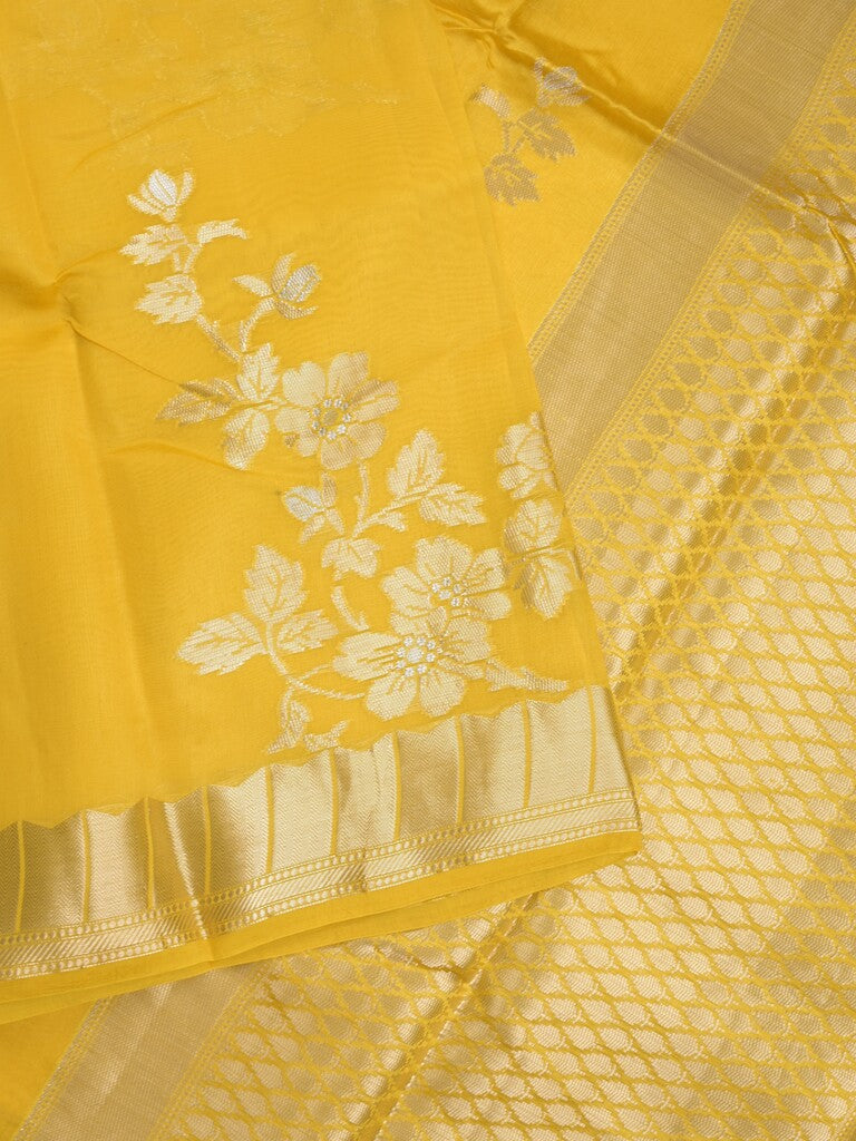 Raw mango fancy saree yellow color allover zari weaves & zari border with brocade pallu and brocade blouse