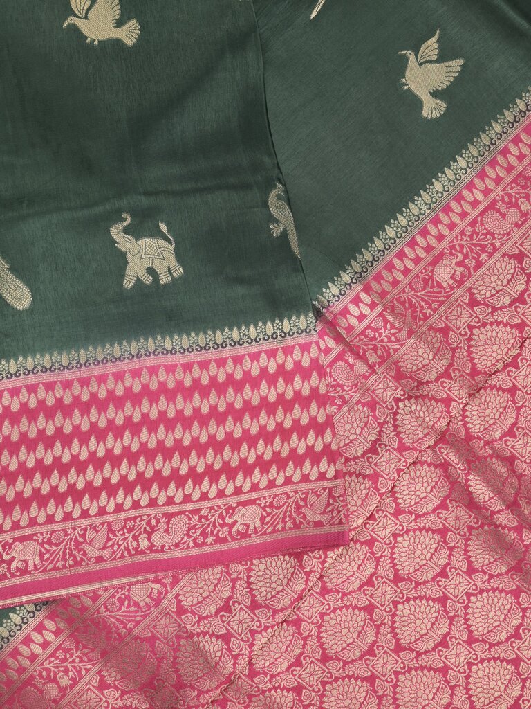 Tabby silk fancy saree allover zari motifs and zzari border with brocade pallu and contrast blouse