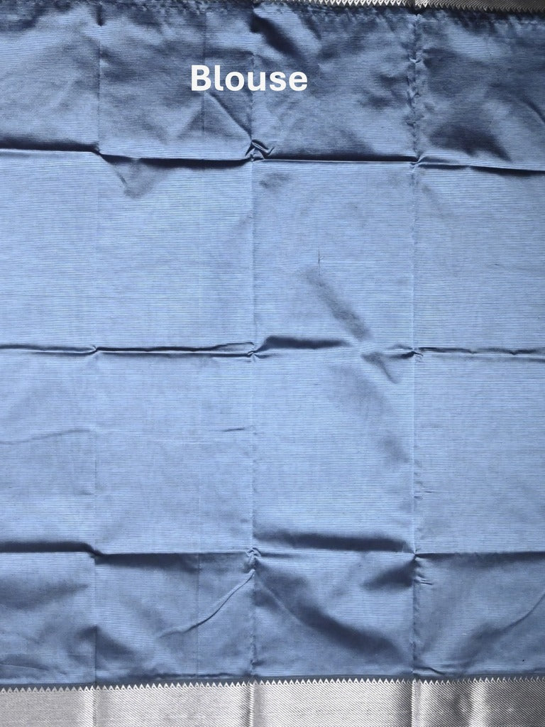 Mangalagiri fancy saree bluish grey color allover plain & small kaddi border with zari pallu and running blouse
