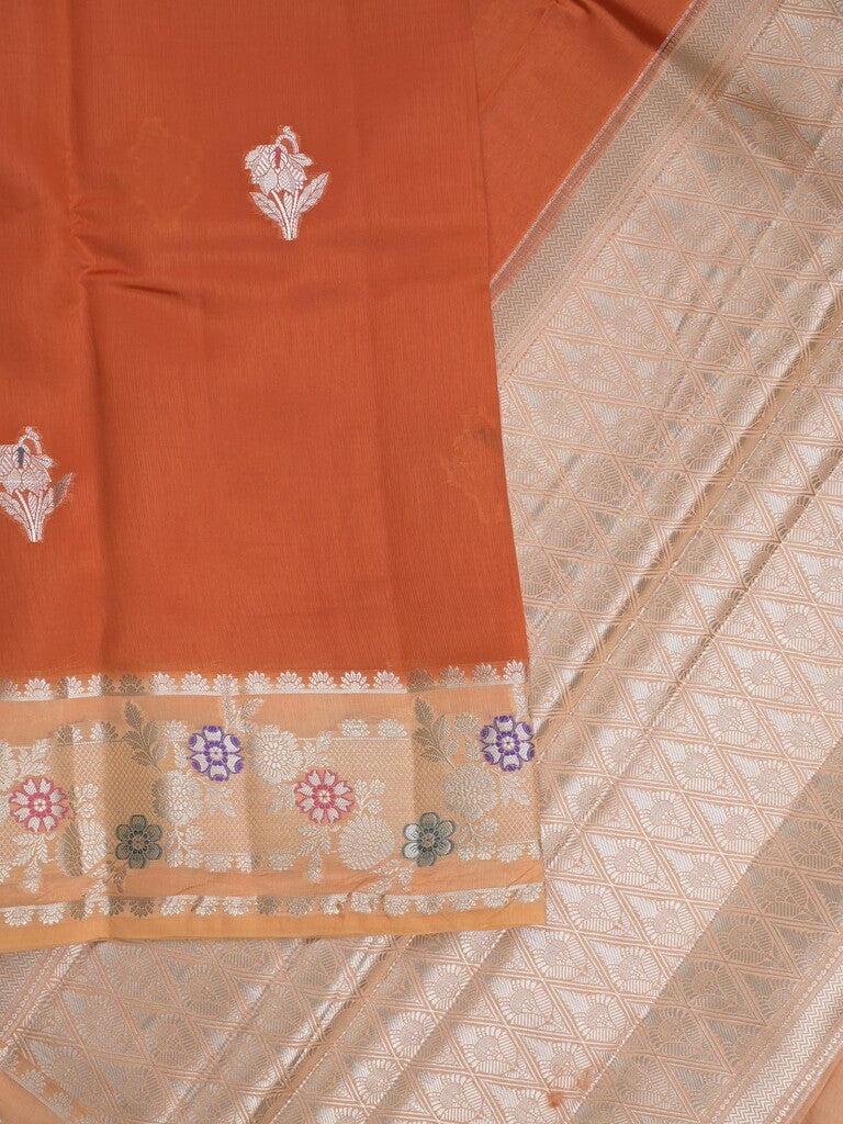 Raw mango fancy saree orange color allover zari weaves & zari border with brocade pallu and brocade blouse