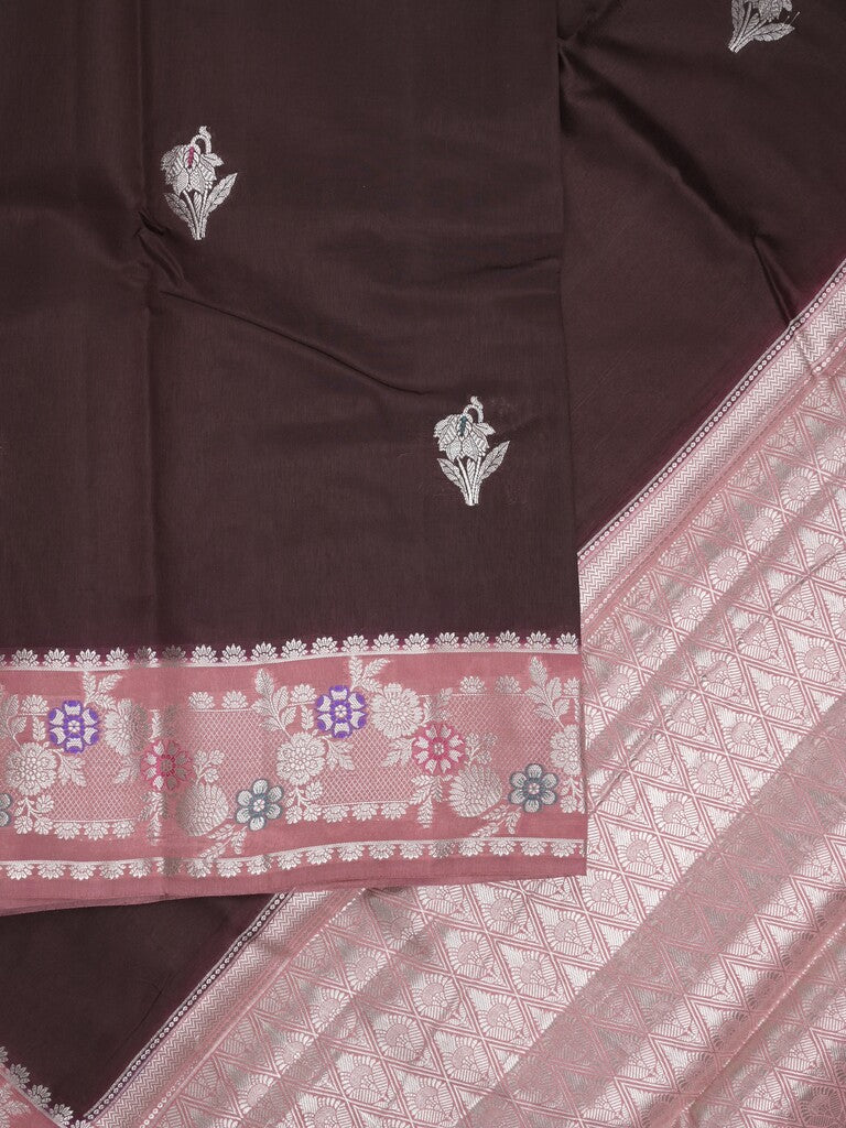 Raw mango fancy saree dark brown color allover zari weaves & zari border with brocade pallu and brocade blouse