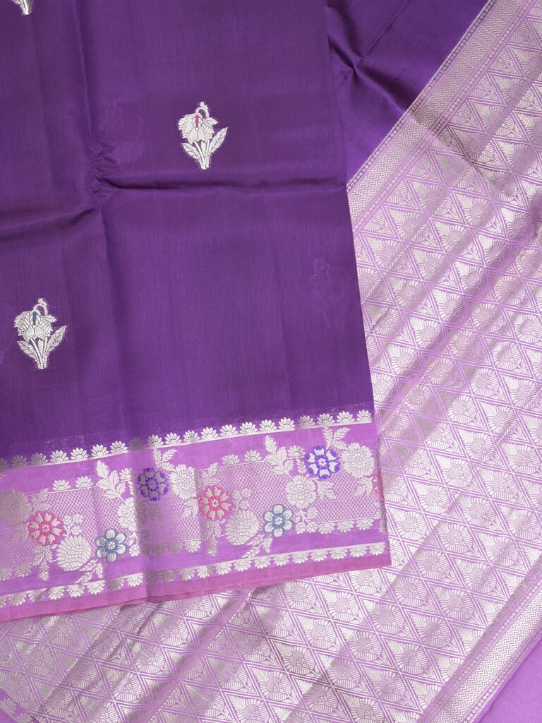 Raw mango fancy saree violet color allover zari weaves & zari border with brocade pallu and brocade blouse