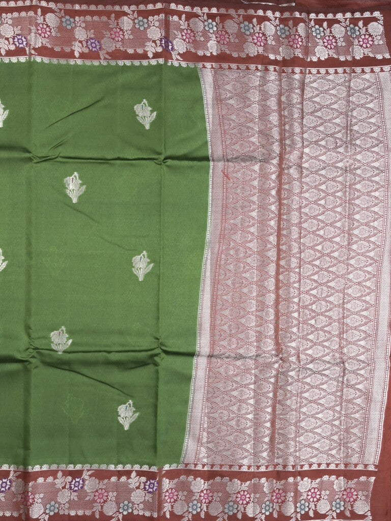 Raw mango fancy saree dark green color allover zari weaves & zari border with brocade pallu and plain blouse