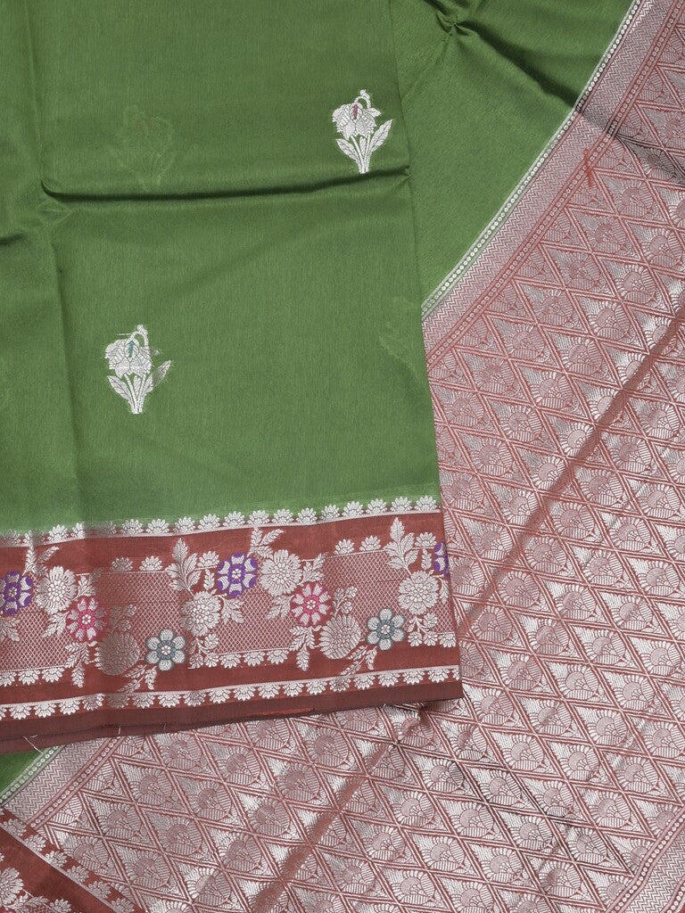 Raw mango fancy saree dark green color allover zari weaves & zari border with brocade pallu and plain blouse