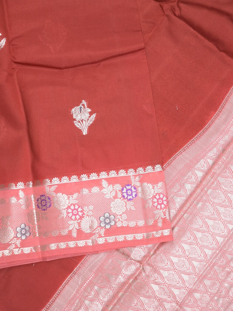 Raw mango fancy saree red color allover zari weaves & zari border with brocade pallu and brocade blouse