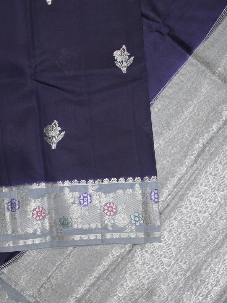 Raw mango fancy saree dark blue color allover zari weaves & zari border with brocade pallu and brocade blouse