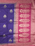 Raw mango fancy saree royal blue color allover zari weaves & zari border with rich pallu and contrast plain blouse