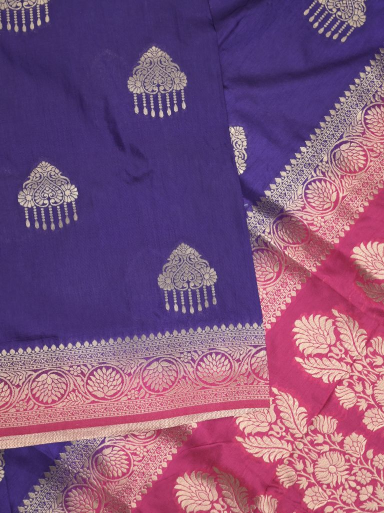 Raw mango fancy saree royal blue color allover zari weaves & zari border with rich pallu and contrast plain blouse