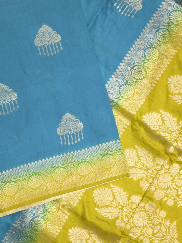 Raw mango fancy saree sky blue color allover zari weaves & zari border with rich pallu and contrast plain blouse