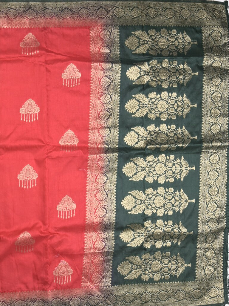 Raw mango fancy saree red color allover zari weaves & zari border with rich pallu and contrast plain blouse