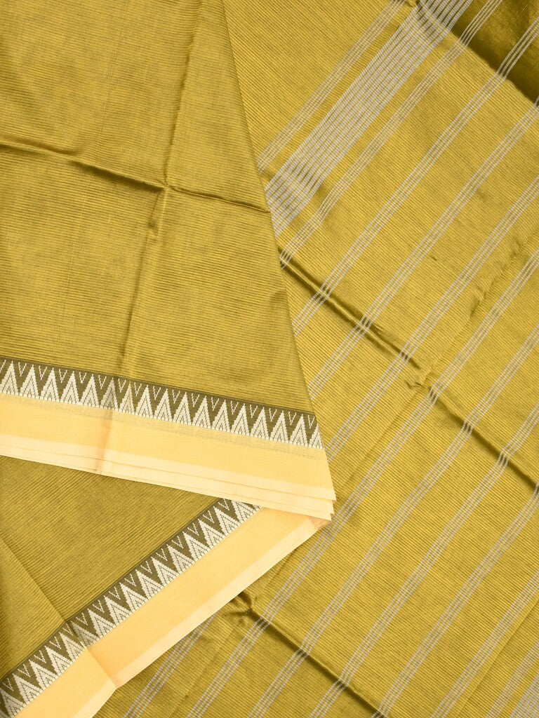 Mangalagiri fancy saree mustard yellow color allover plain & temple border with zari pallu and running blouse