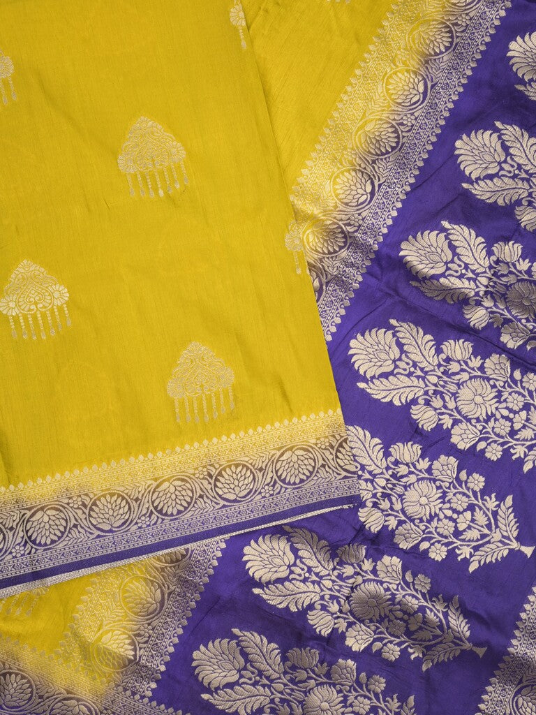Raw mango fancy saree yellow color allover zari weaves & zari border with rich pallu and contrast plain blouse