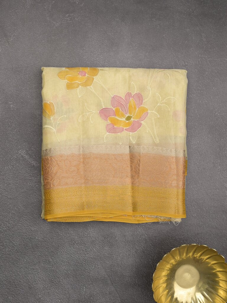 Dupion fancy floral printed saree with zari border and attached plain blouse