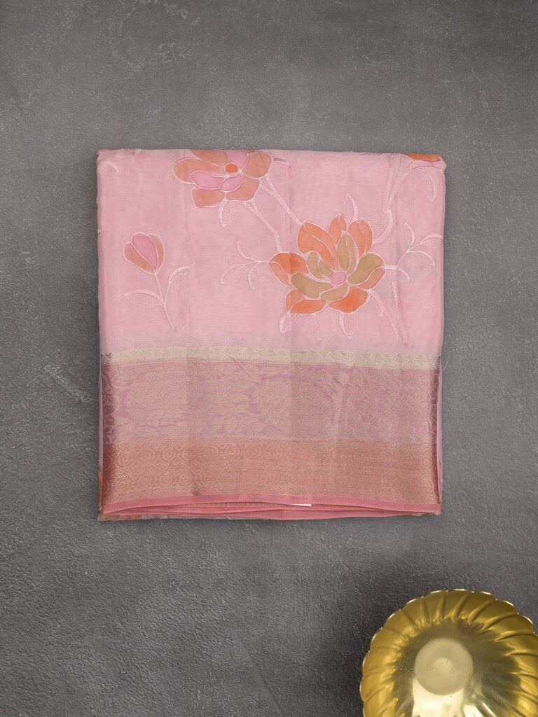 Dupion fancy floral printed saree with zari border and attached plain blouse