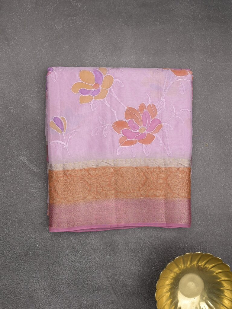 Dupion fancy floral printed saree with zari border and attached plain blouse