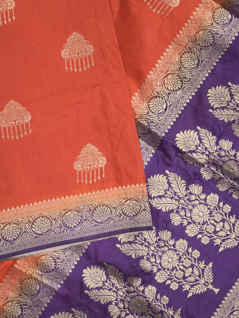 Raw mango fancy saree orange color allover zari weaves & zari border with rich pallu and contrast plain blouse