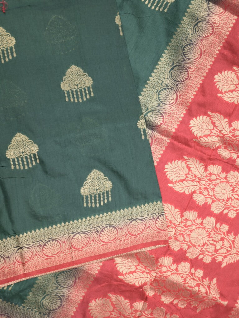 Raw mango fancy saree dark green color allover zari weaves & zari border with rich pallu and contrast plain blouse