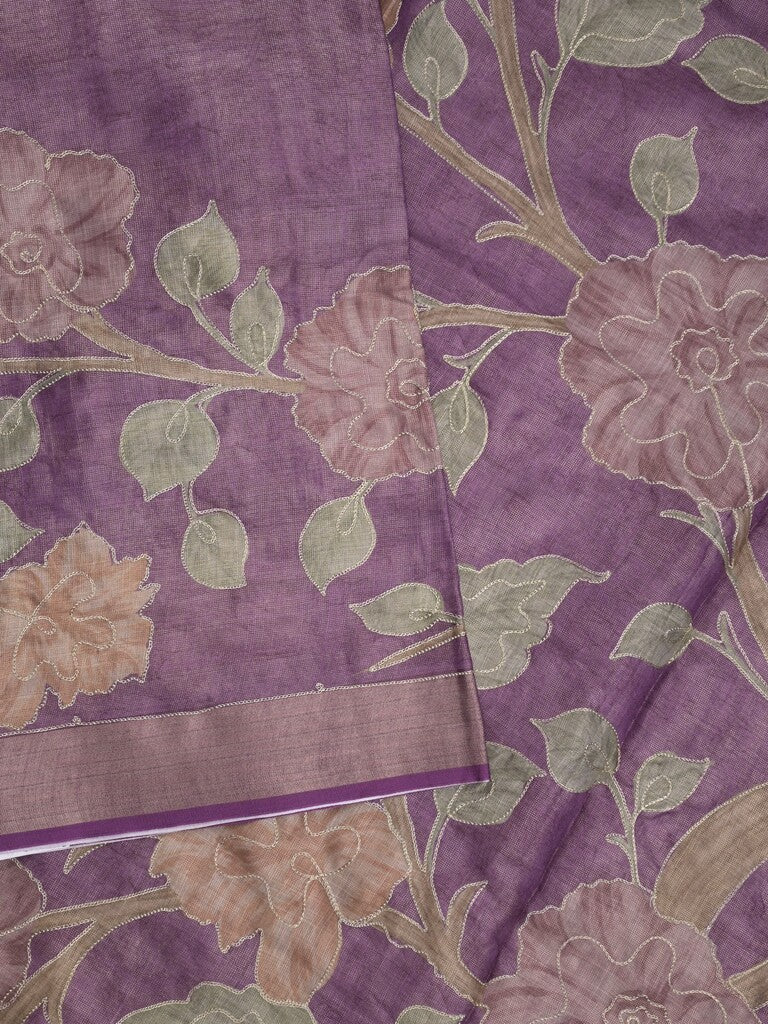 Lenin tissue fancy saree purple color allover plain & printed, embroidery work & kaddi border with printed pallu and plain self blouse