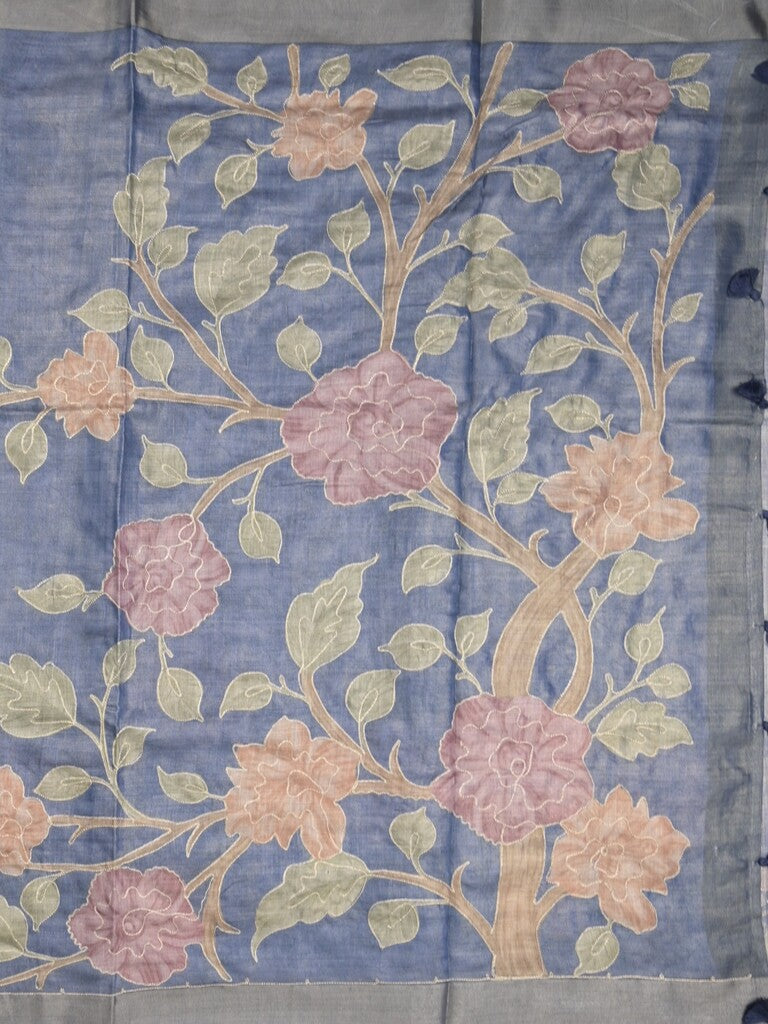 Lenin tissue fancy saree blue color allover plain & printed, embroidered border with printed pallu and plain self blouse