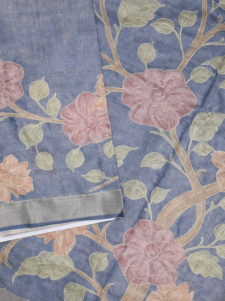 Lenin tissue fancy saree blue color allover plain & printed, embroidered border with printed pallu and plain self blouse