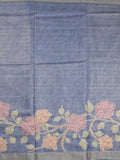 Lenin tissue fancy saree blue color allover plain & printed, embroidered border with printed pallu and plain self blouse