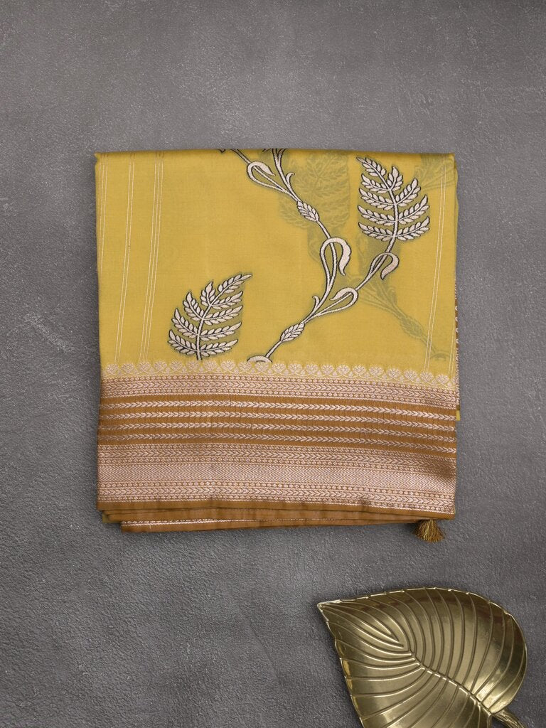 Tabby silk printed fancy saree with zari border and attached plain blouse