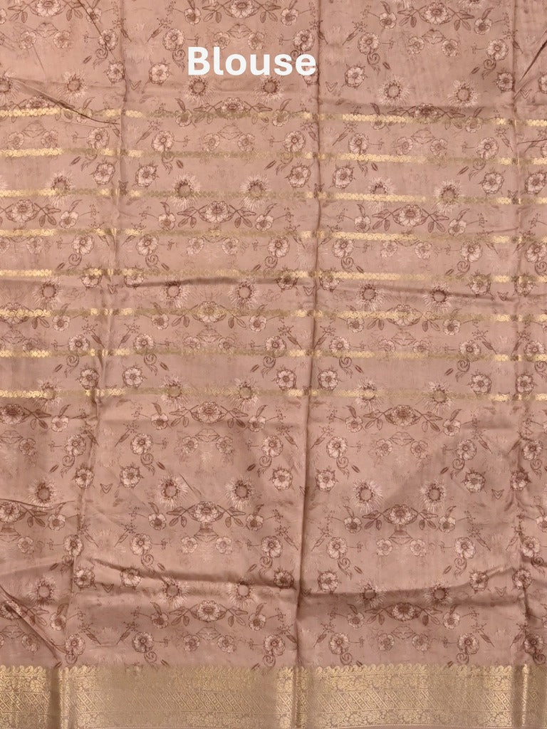 Dola silk fancy saree cream and peach color allover prints & zari border with printed pallu and printed blouse