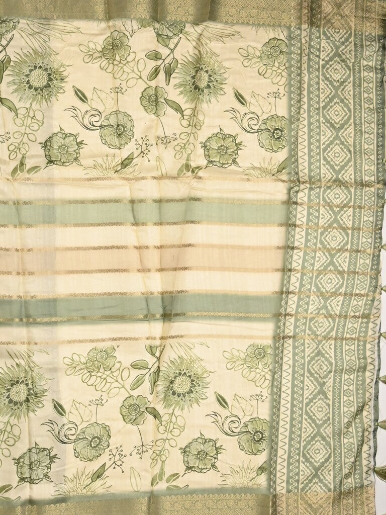 Dola silk fancy saree cream and green color allover prints & zari border with printed pallu and printed blouse