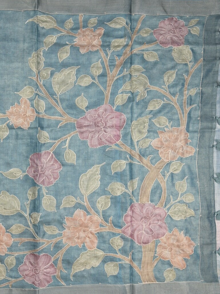 Lenin tissue fancy saree light blue color allover plain & printed, embroidered border with printed pallu and plain self blouse