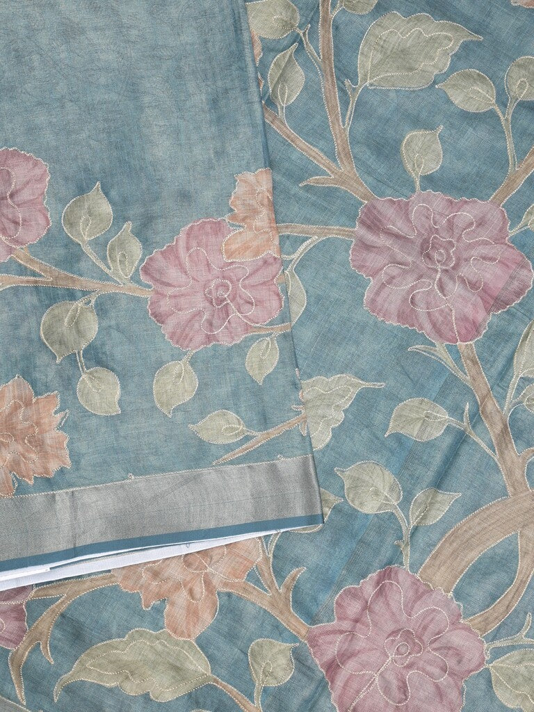 Lenin tissue fancy saree light blue color allover plain & printed, embroidered border with printed pallu and plain self blouse