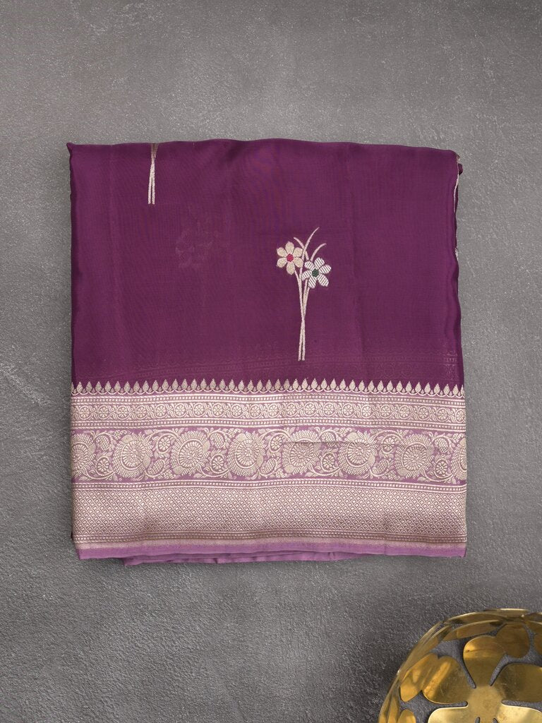 Satin silk fancy sarees allover zari motifs & zari border with plain contrast stripes blouse