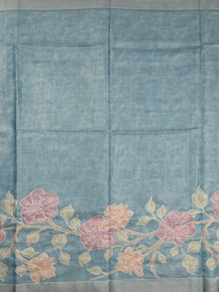 Lenin tissue fancy saree light blue color allover plain & printed, embroidered border with printed pallu and plain self blouse