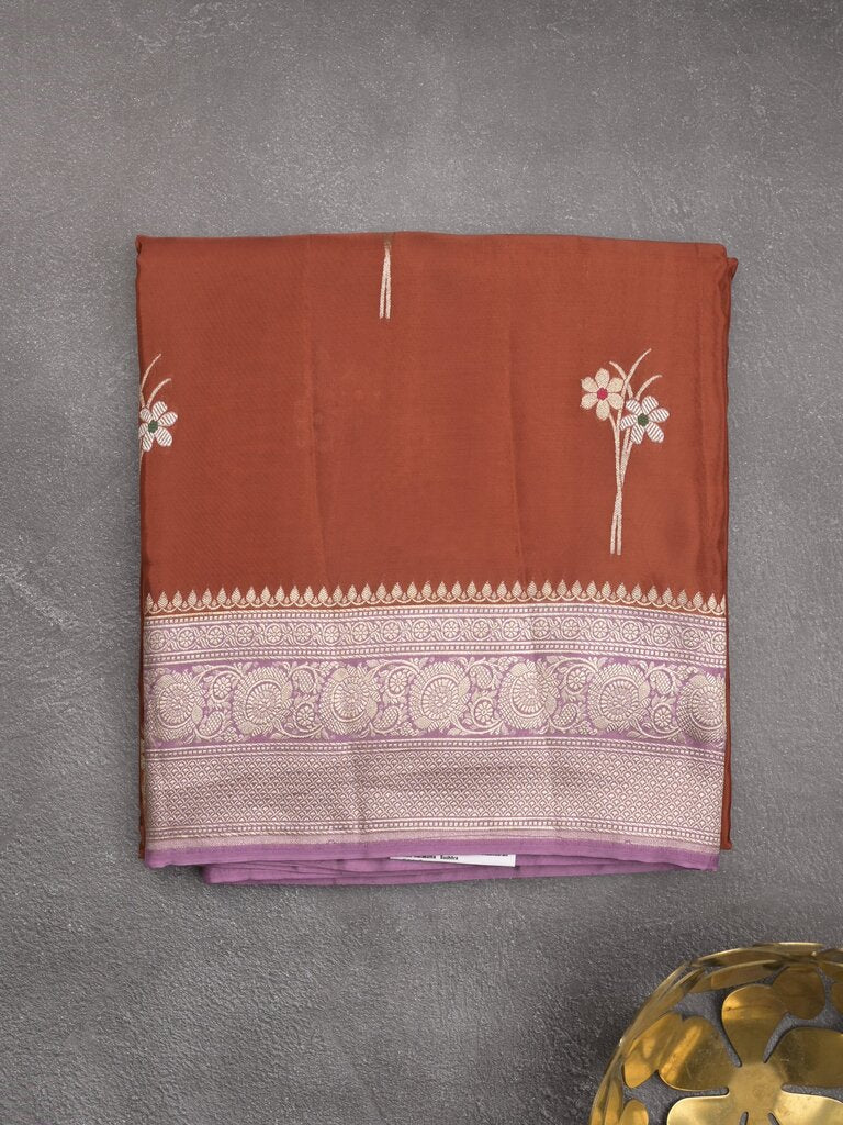 Satin silk fancy sarees allover zari motifs & zari border with plain contrast stripes blouse