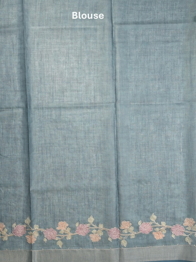 Lenin tissue fancy saree light blue color allover plain & printed, embroidered border with printed pallu and plain self blouse