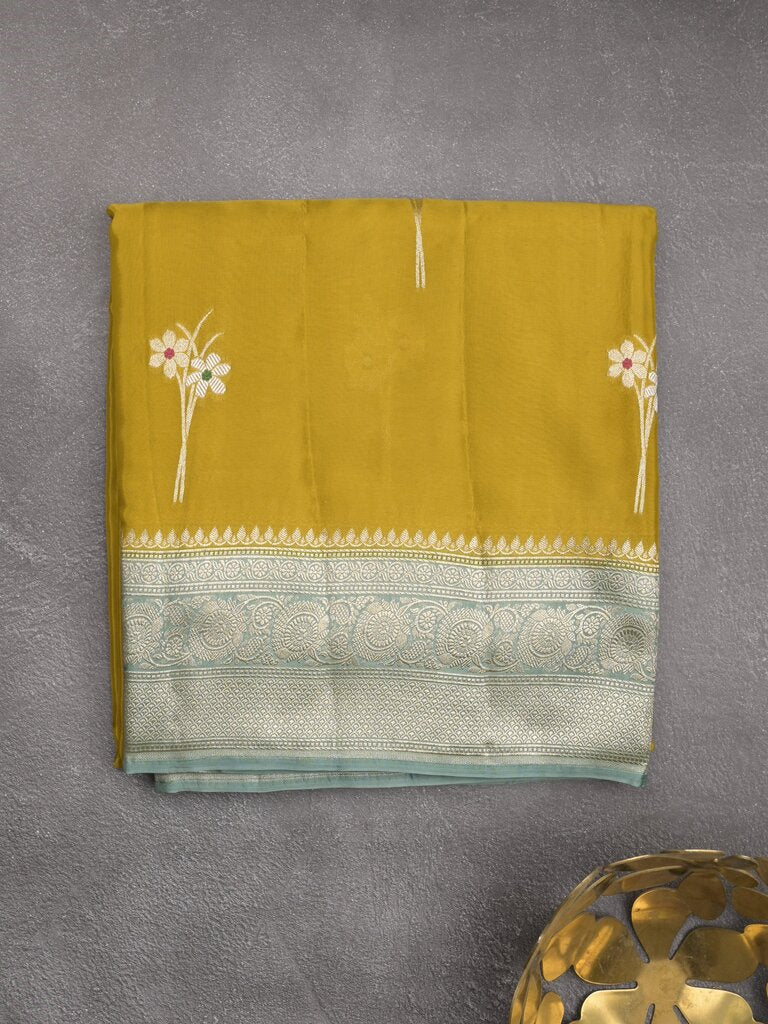 Satin silk fancy sarees allover zari motifs & zari border with plain contrast stripes blouse