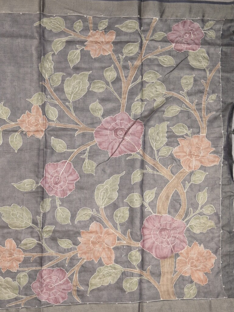 Lenin tissue fancy saree light grey color allover plain & printed, embroidered border with printed pallu and plain self blouse