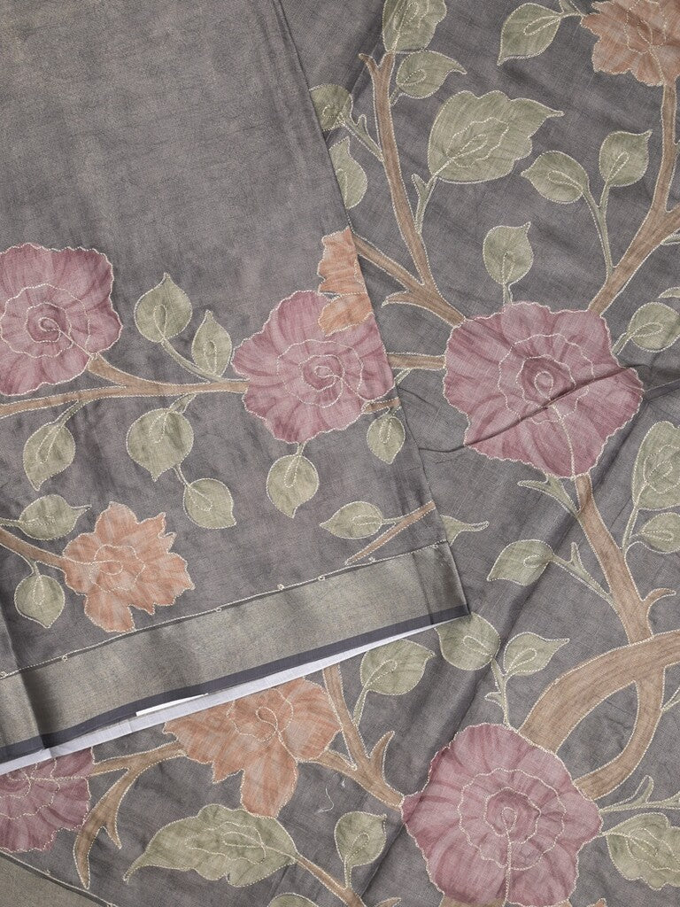 Lenin tissue fancy saree light grey color allover plain & printed, embroidered border with printed pallu and plain self blouse