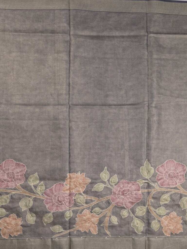 Lenin tissue fancy saree light grey color allover plain & printed, embroidered border with printed pallu and plain self blouse