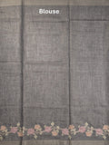 Lenin tissue fancy saree light grey color allover plain & printed, embroidered border with printed pallu and plain self blouse