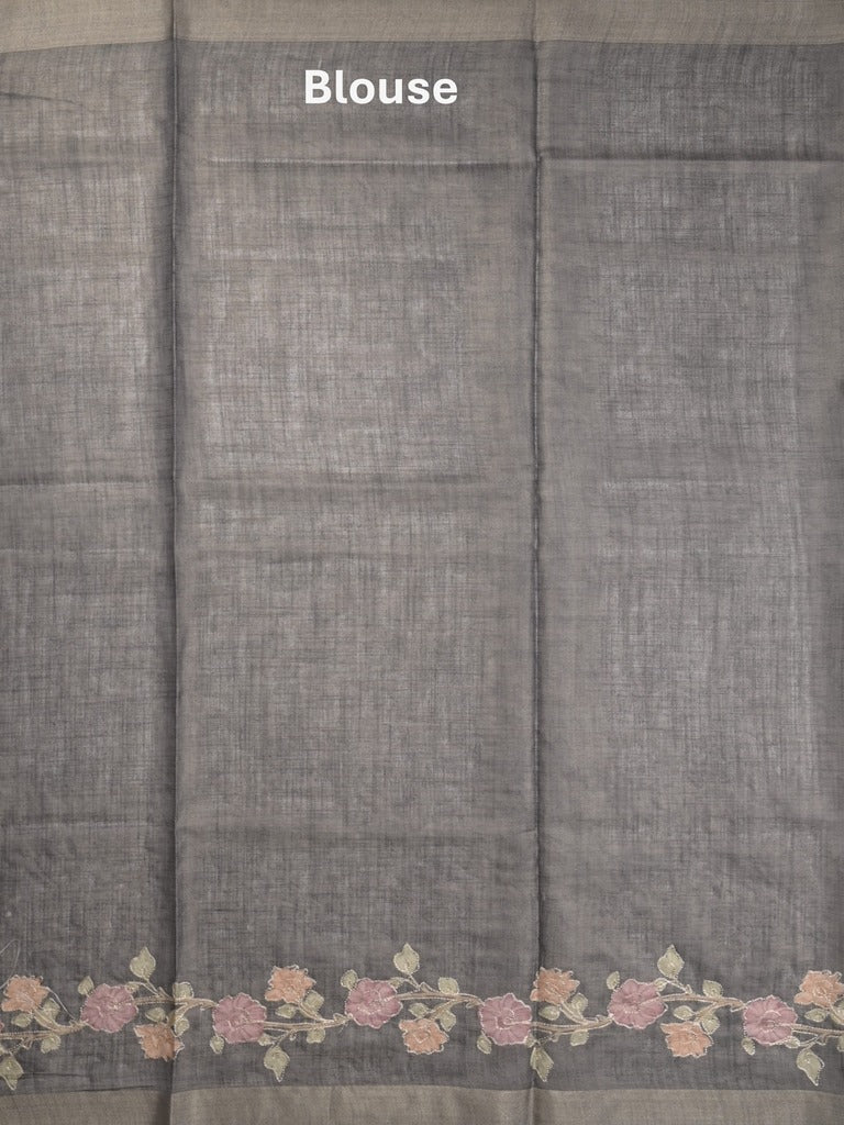 Lenin tissue fancy saree light grey color allover plain & printed, embroidered border with printed pallu and plain self blouse