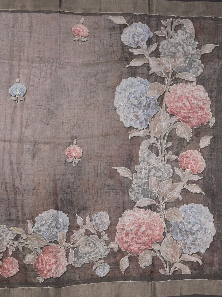 Lenin tissue fancy saree light grey color allover plain & printed, embroidered border with printed pallu and plain self blouse