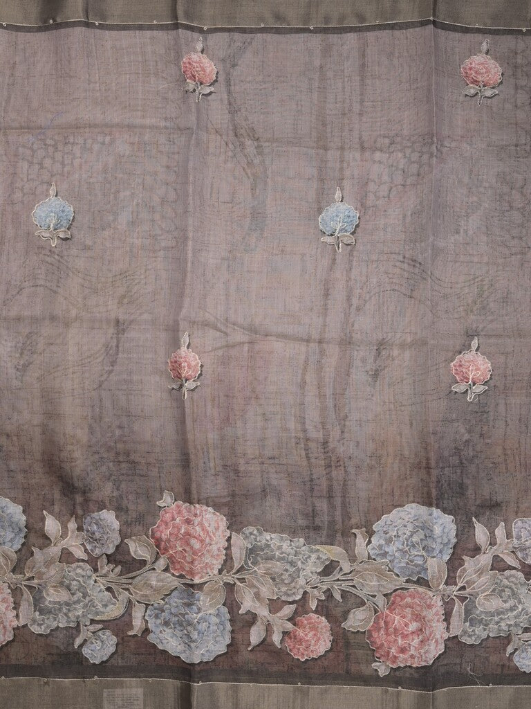 Lenin tissue fancy saree light grey color allover plain & printed, embroidered border with printed pallu and plain self blouse