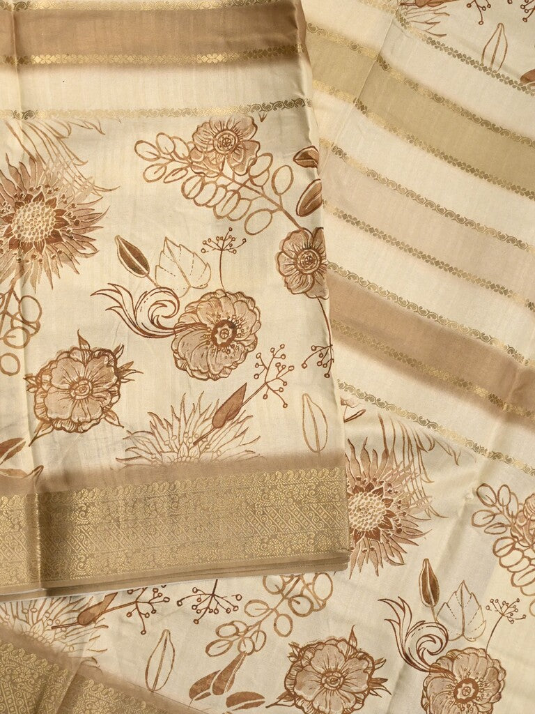 Dola silk fancy saree cream and beige color allover prints & zari border with printed pallu and printed blouse