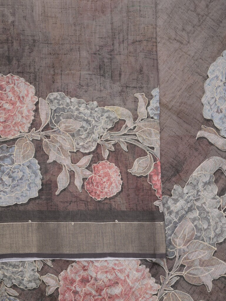 Lenin tissue fancy saree light grey color allover plain & printed, embroidered border with printed pallu and plain self blouse