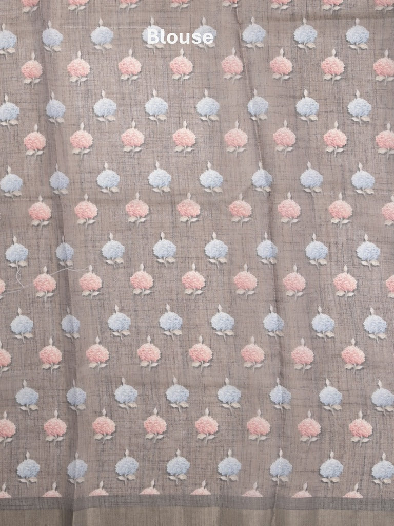 Lenin tissue fancy saree light grey color allover plain & printed, embroidered border with printed pallu and plain self blouse