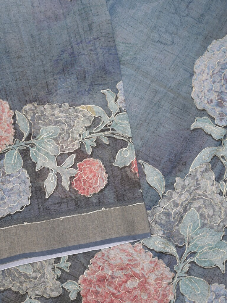 Lenin tissue fancy saree bluish grey color allover plain & printed, embroidered border with printed pallu and plain self blouse