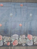 Lenin tissue fancy saree bluish grey color allover plain & printed, embroidered border with printed pallu and plain self blouse